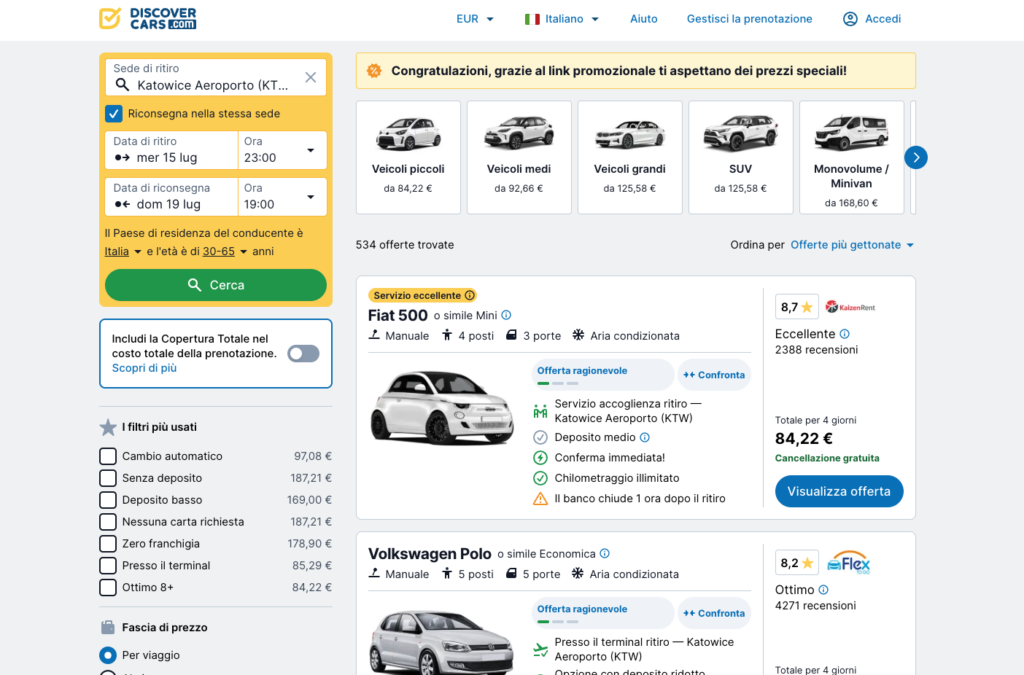 Come risparmiare sul noleggio auto nel 2026: 10 strategie testate (senza rinunciare alla qualità) 2 Schermata di DiscoverCars con il confronto delle tariffe di più compagnie di noleggio